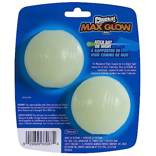 Chuckit Max Glow Ball Dog Toy, Medium (2.5 Inch Diameter) for dogs 20-60 lbs, Pack of 2