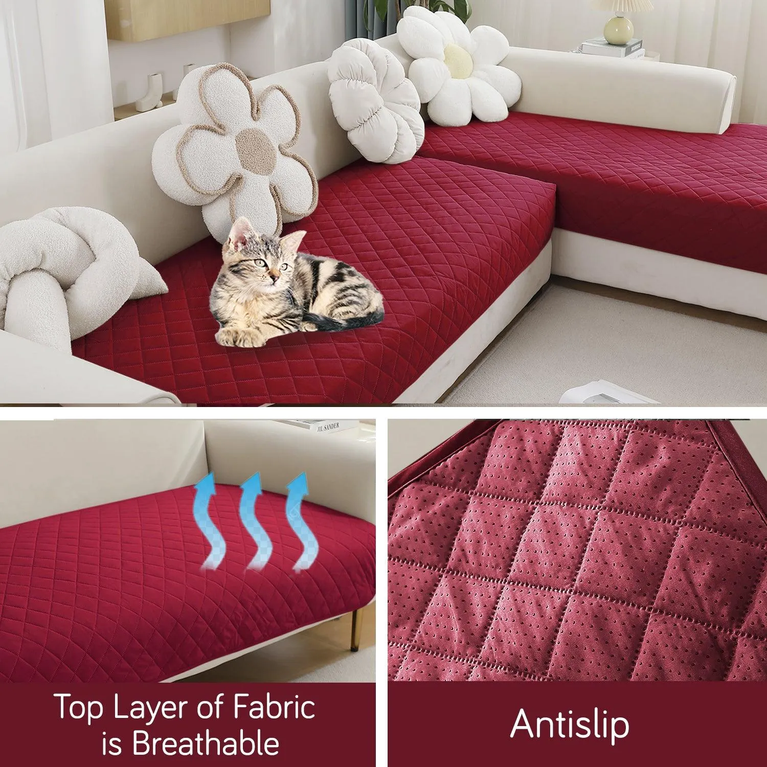 HOKIPO 3 2 L-Shape Sofa Mat - Waterproof, Anti-Slip, Quick Dry, Maroon