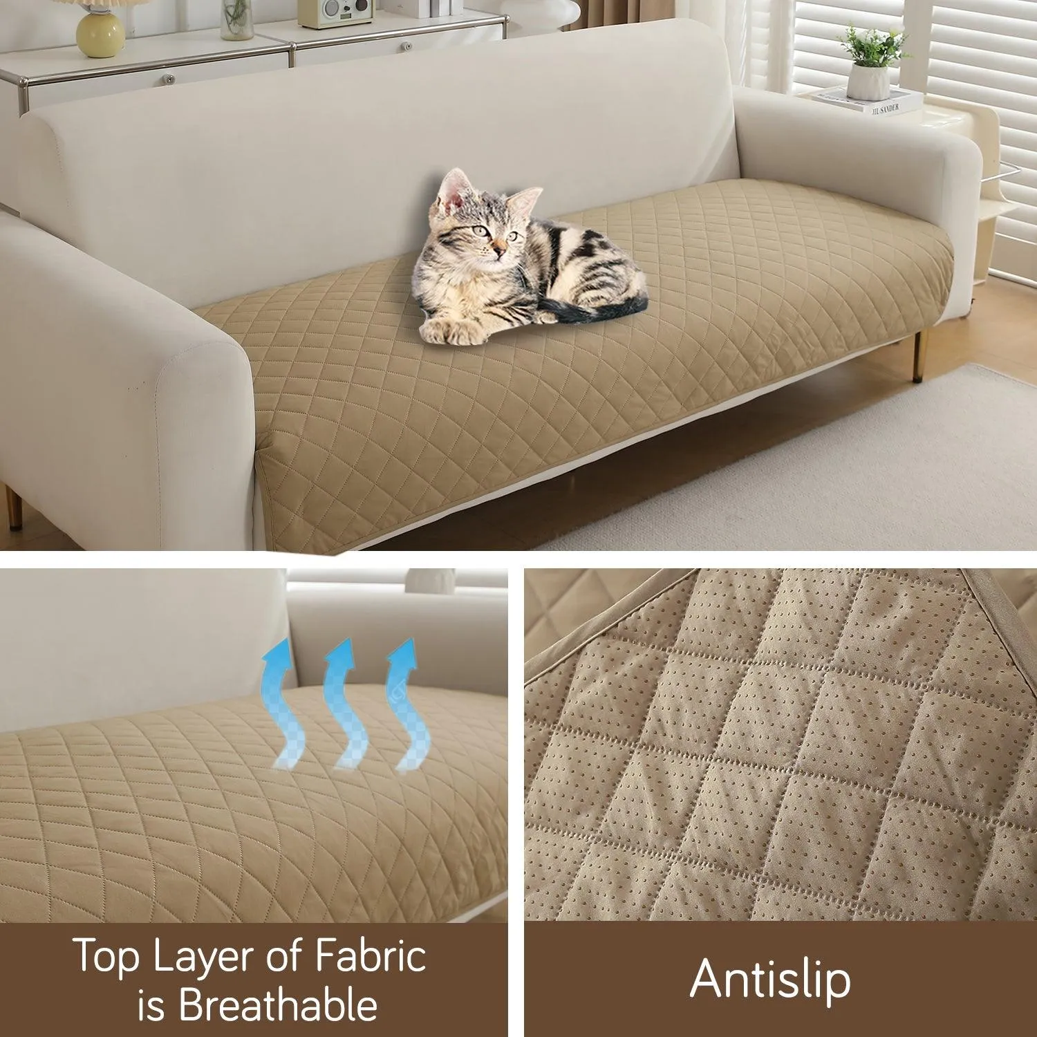 HOKIPO Waterproof Anti-Slip Quick Dry Sofa Seat Mat for 1/2/3 Seater, Beige