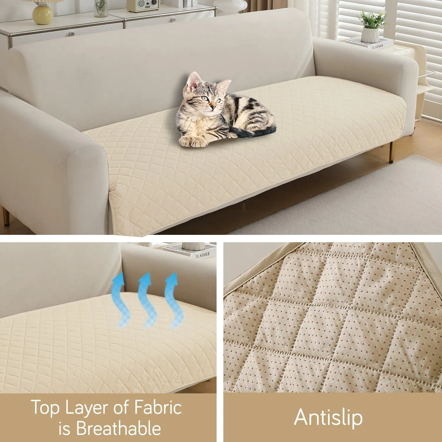 HOKIPO Waterproof Anti-Slip Quick Dry Sofa Seat Mat for 1/2/3 Seater, Cream