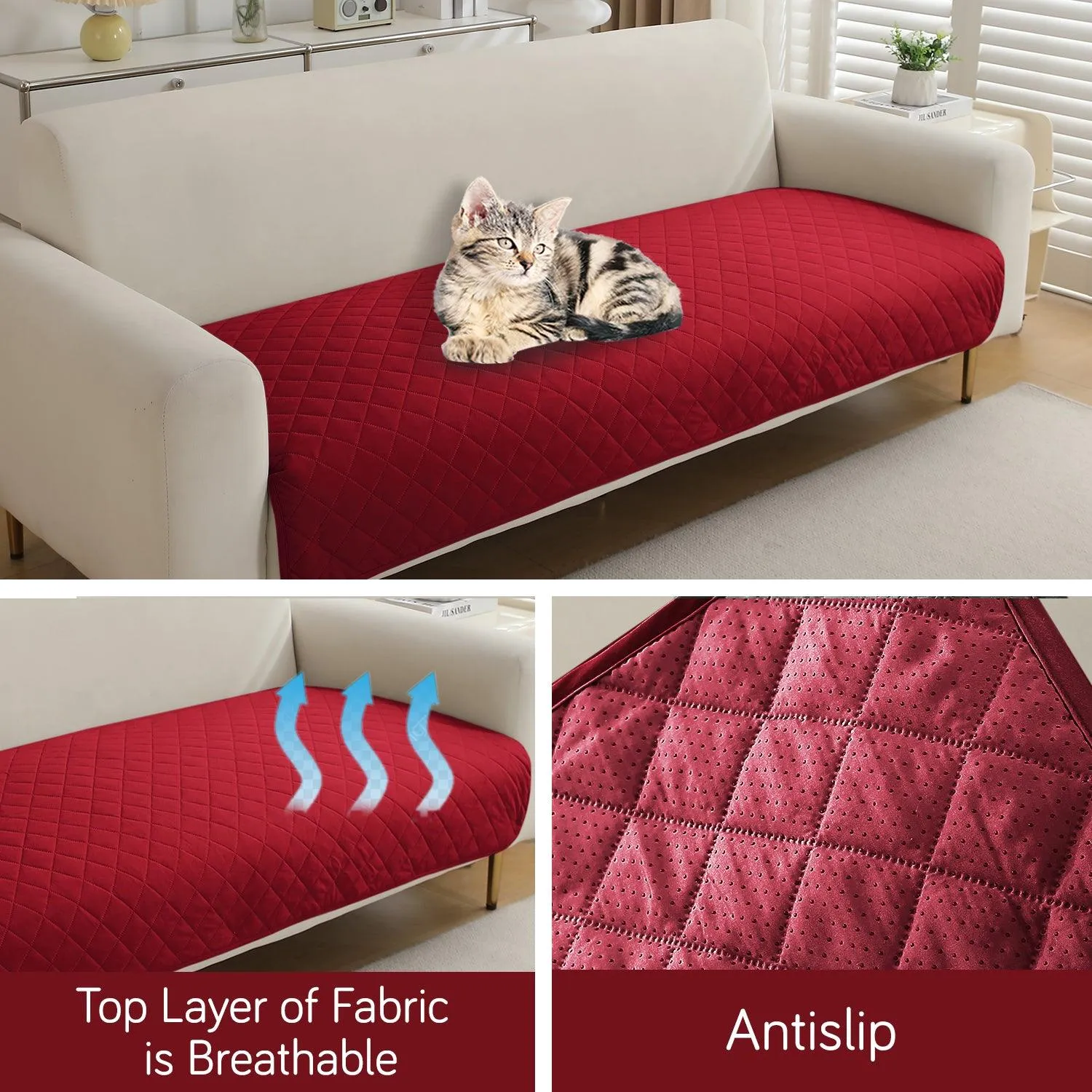 HOKIPO Waterproof Anti-Slip Quick Dry Sofa Seat Mat for 1/2/3 Seater, Red