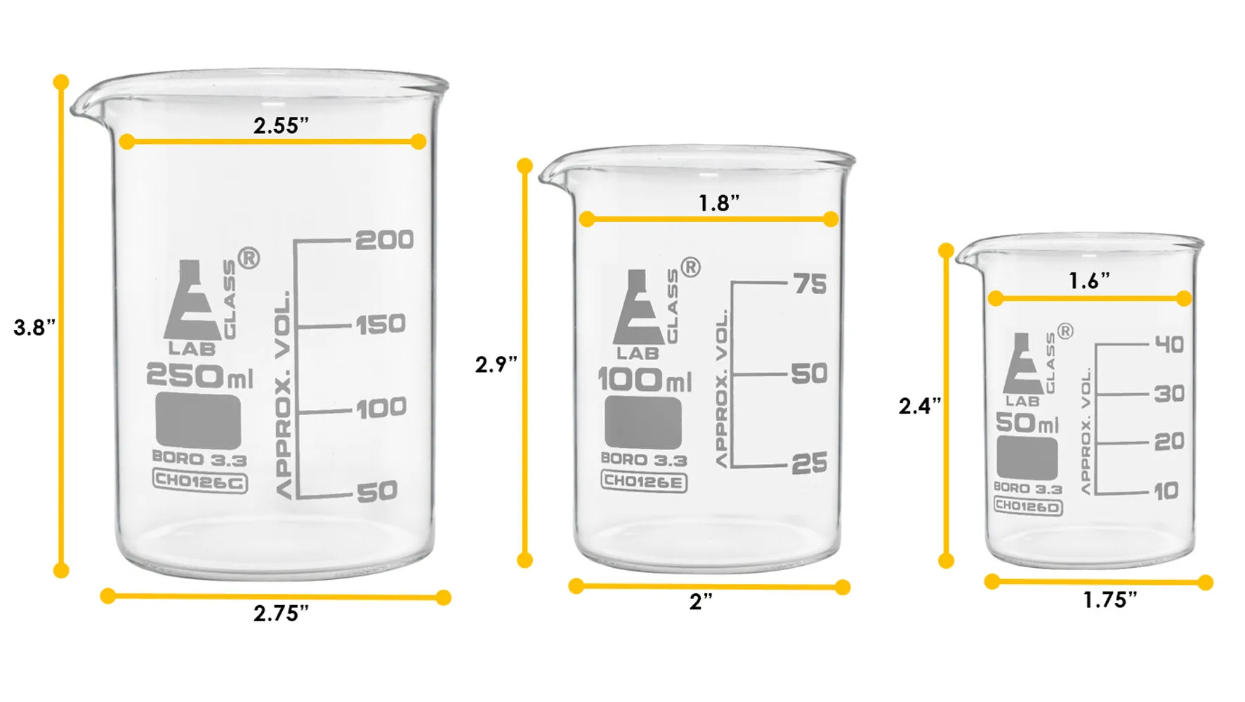 Safety Pack Mixed Glassware Set, 9 Pieces - Includes 3 Beakers, 3 Erlenmeyer Flasks & 3 ASTM, Class A Measuring Cylinders - Borosilicate 3.3 Glass