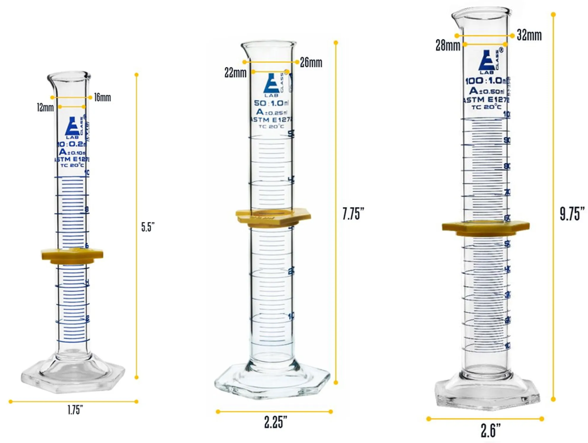 Safety Pack Mixed Glassware Set, 9 Pieces - Includes 3 Beakers, 3 Erlenmeyer Flasks & 3 ASTM, Class A Measuring Cylinders - Borosilicate 3.3 Glass