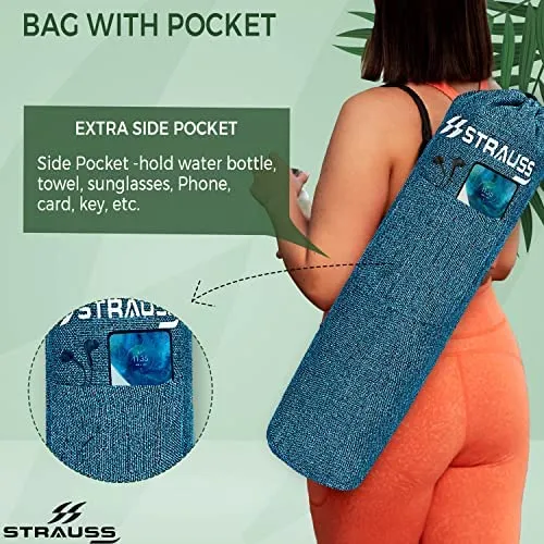 STRAUSS Breathable Jute Yoga Mat Bag with Shoulder Strap | Washable & Durable Yoga Mat Cover Bag | Travel, Yoga & Gym Shoulder Bag | Along with Side Pocket | Ideal for Men & Women, (Blue)