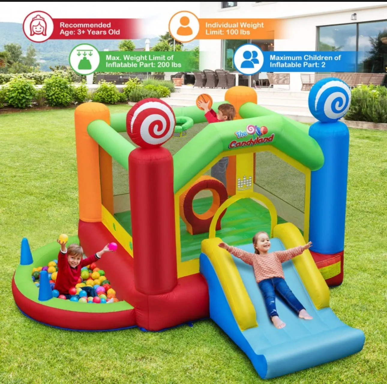 Super Cool Inflatable Kids Candy Land Theme Bouncy House Castle | 735W Blower | Jumping Area | Slide | Balls | Ball Pit | Basketball